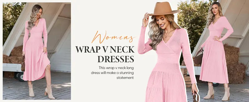 Saodimallsu Women's Cozy Knit V-Neck Deep V-Neck Long-Sleeve Ribbed Polyester A-Type Midi Dress - Fabric-Wrap, Machine-Washable Casual Party Dress