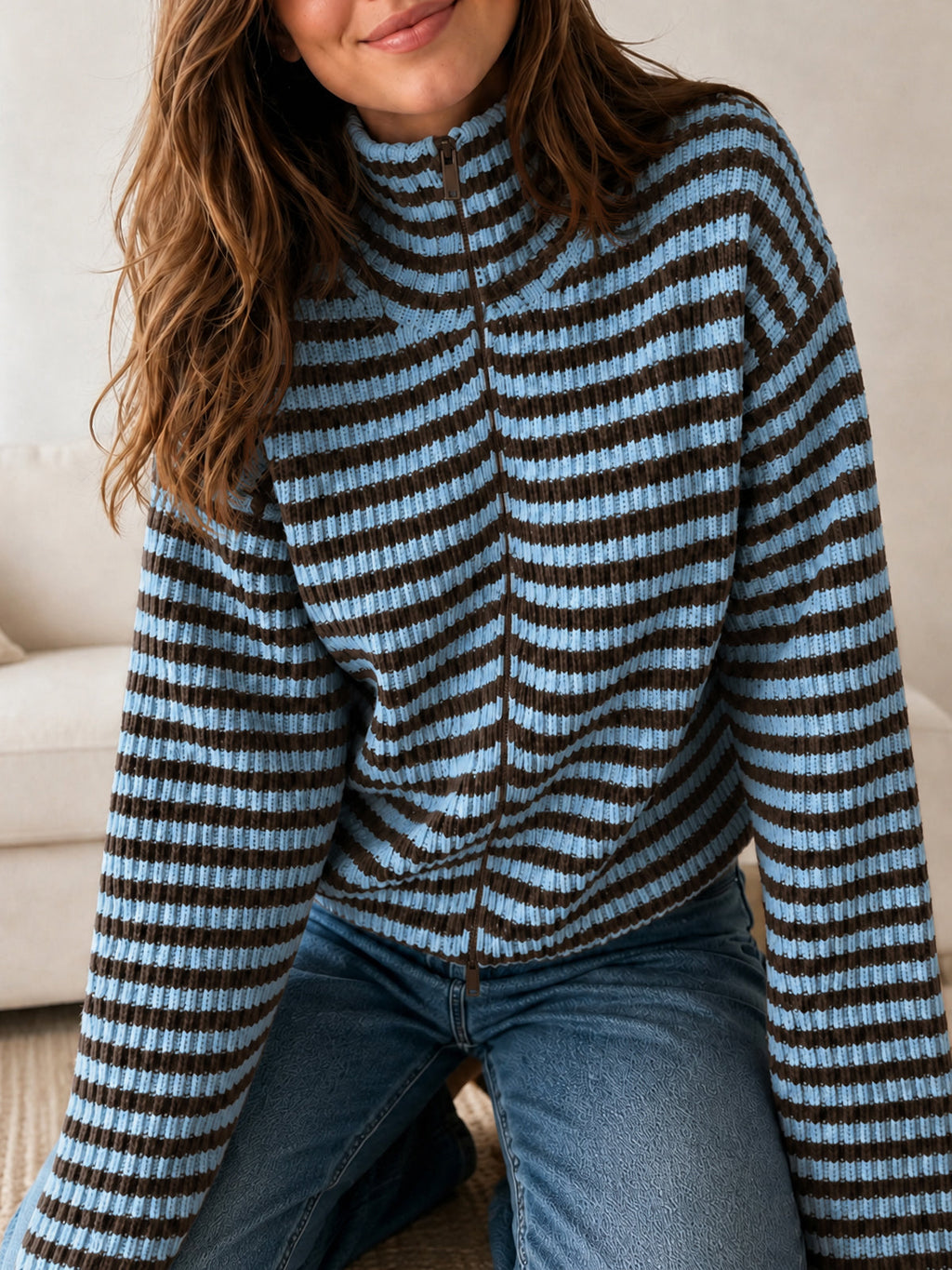 usvara Womens Striped Zip Knit Cardigan