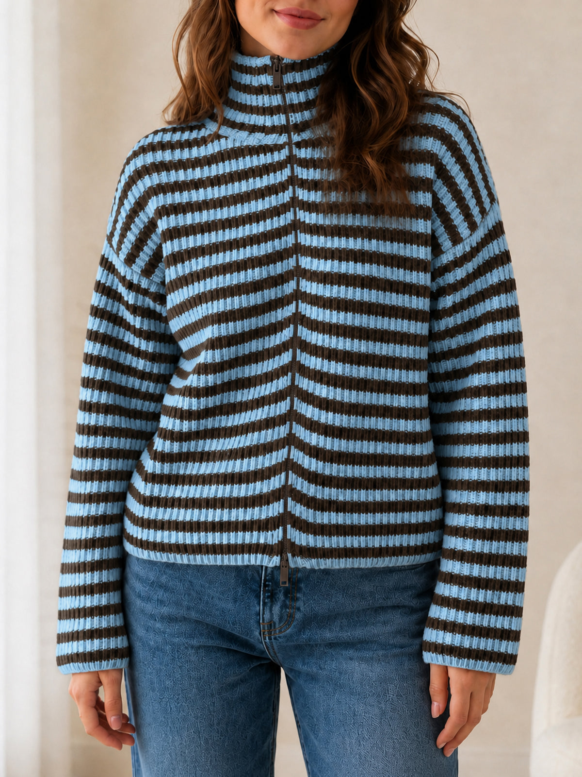 usvara Womens Striped Zip Knit Cardigan