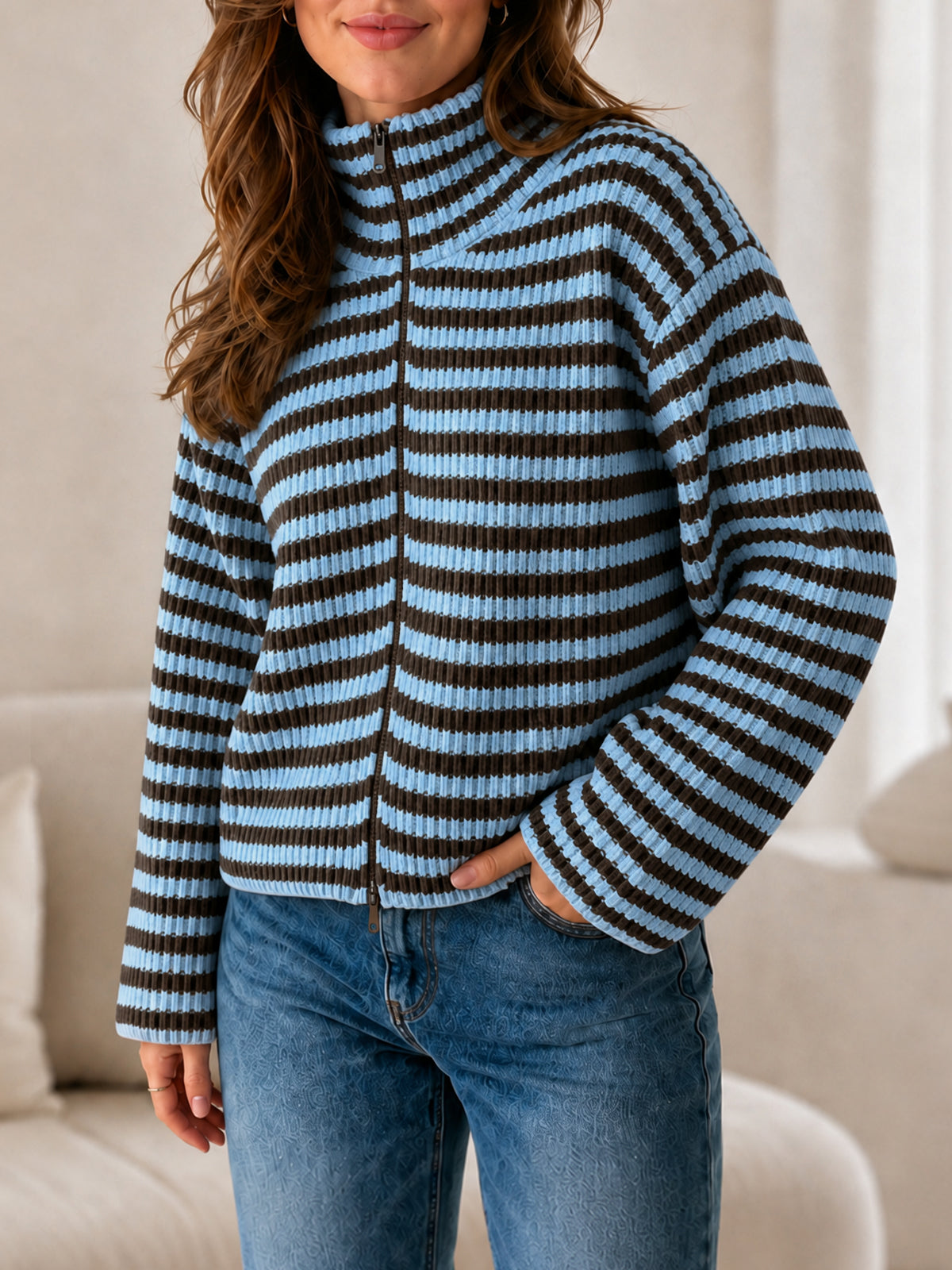 usvara Womens Striped Zip Knit Cardigan