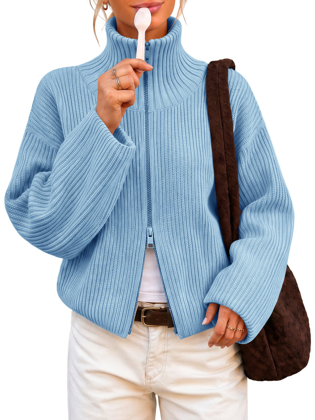 usvara Women Zip Up Chunky Knit Sweater