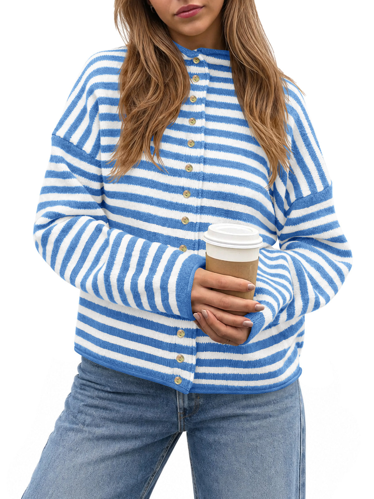 usvara Womens Striped Mock Neck Cardigan