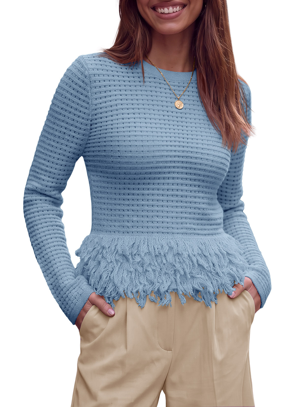 usvara Womens Crochet Fringe Crew Neck Sweater