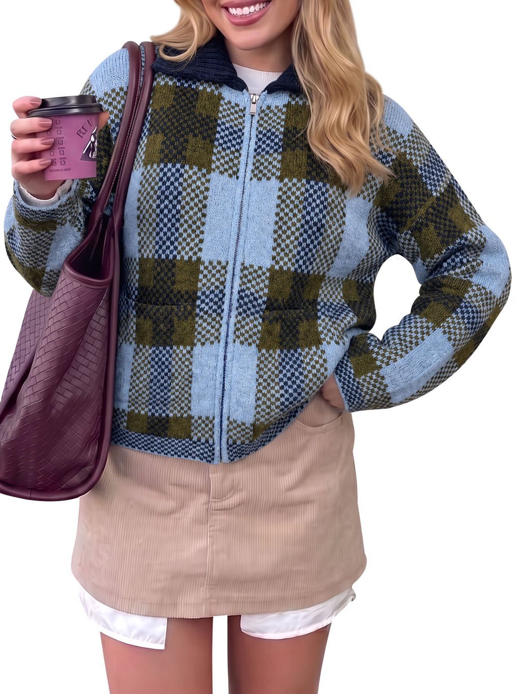 usvara Womens Plaid Color Block Zip Cardigan