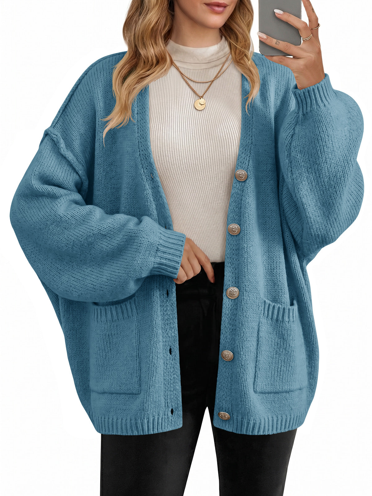 usvara Womens V Neck Loose Button Cardigan
