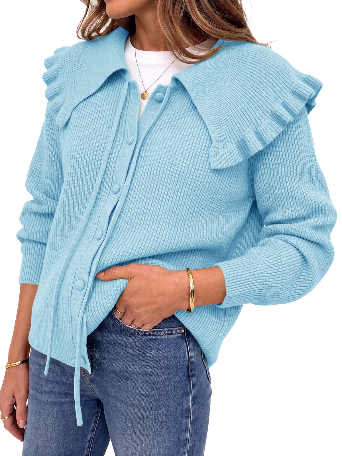 usvara Women Ruffle Collar Knit Cardigan