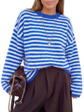 usvara Womens Fuzzy Crew Neck Striped Sweaters