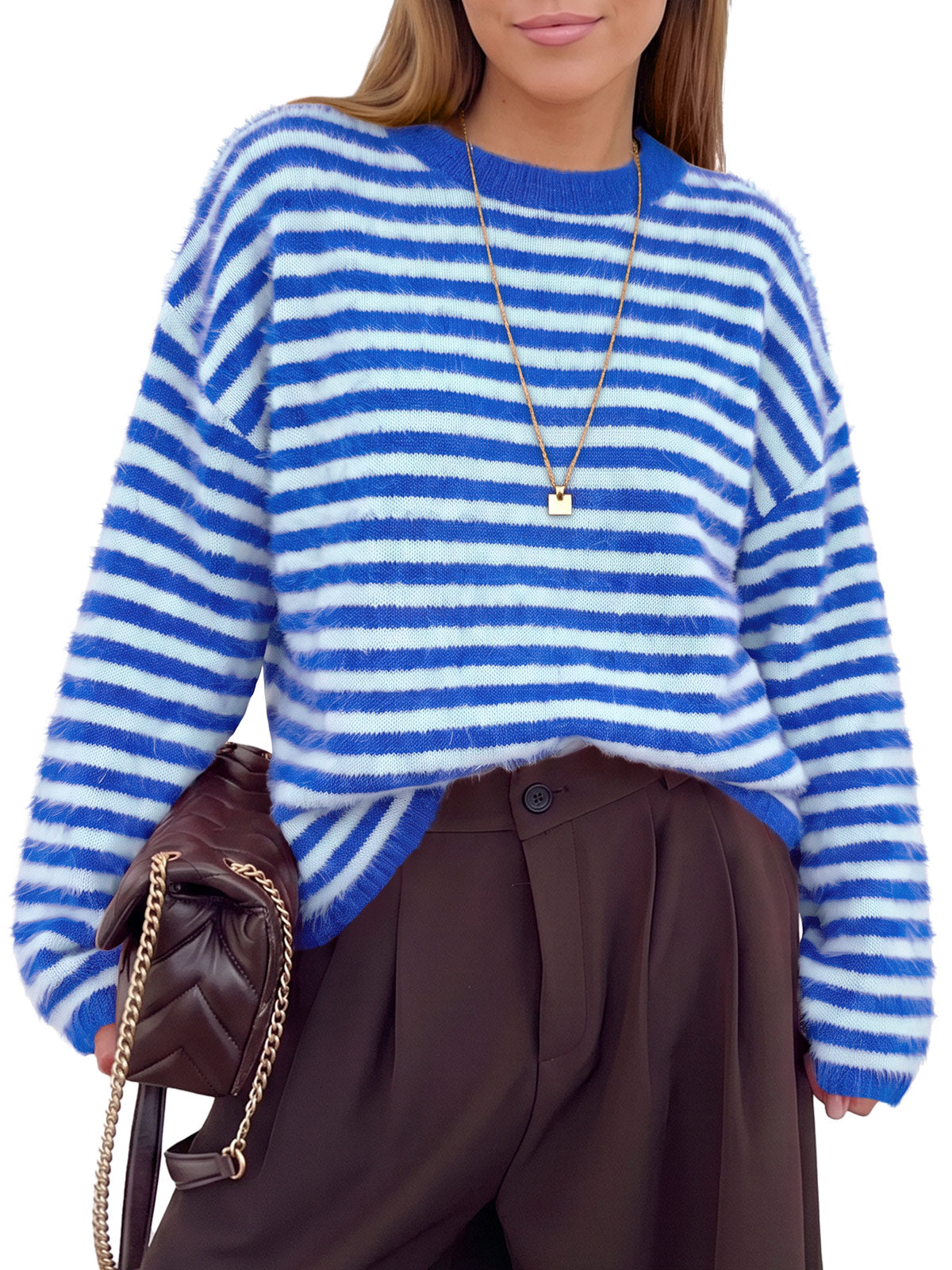 usvara Womens Fuzzy Crew Neck Striped Sweaters