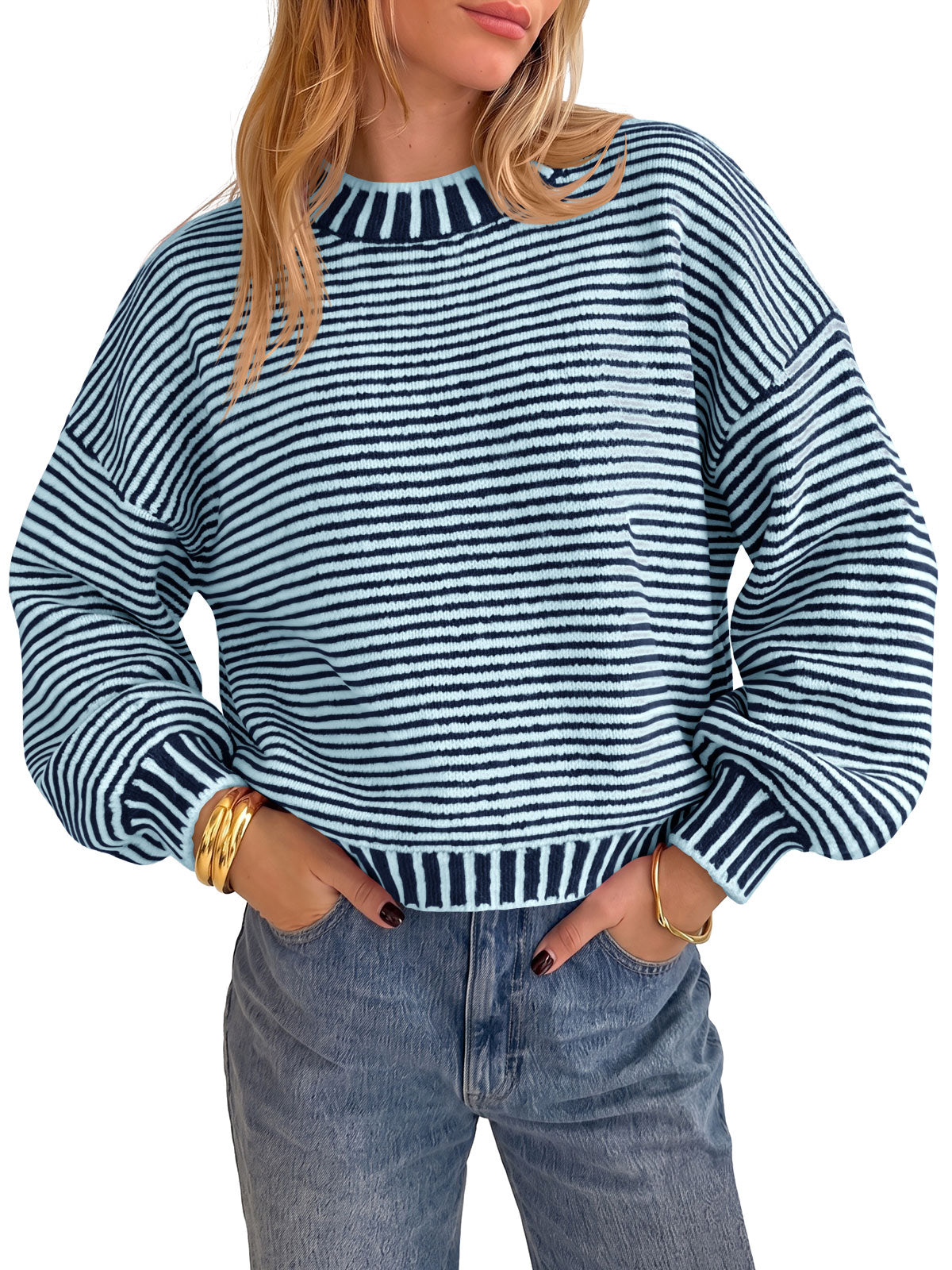 usvara Womens Striped Crew Neck Knit Sweater
