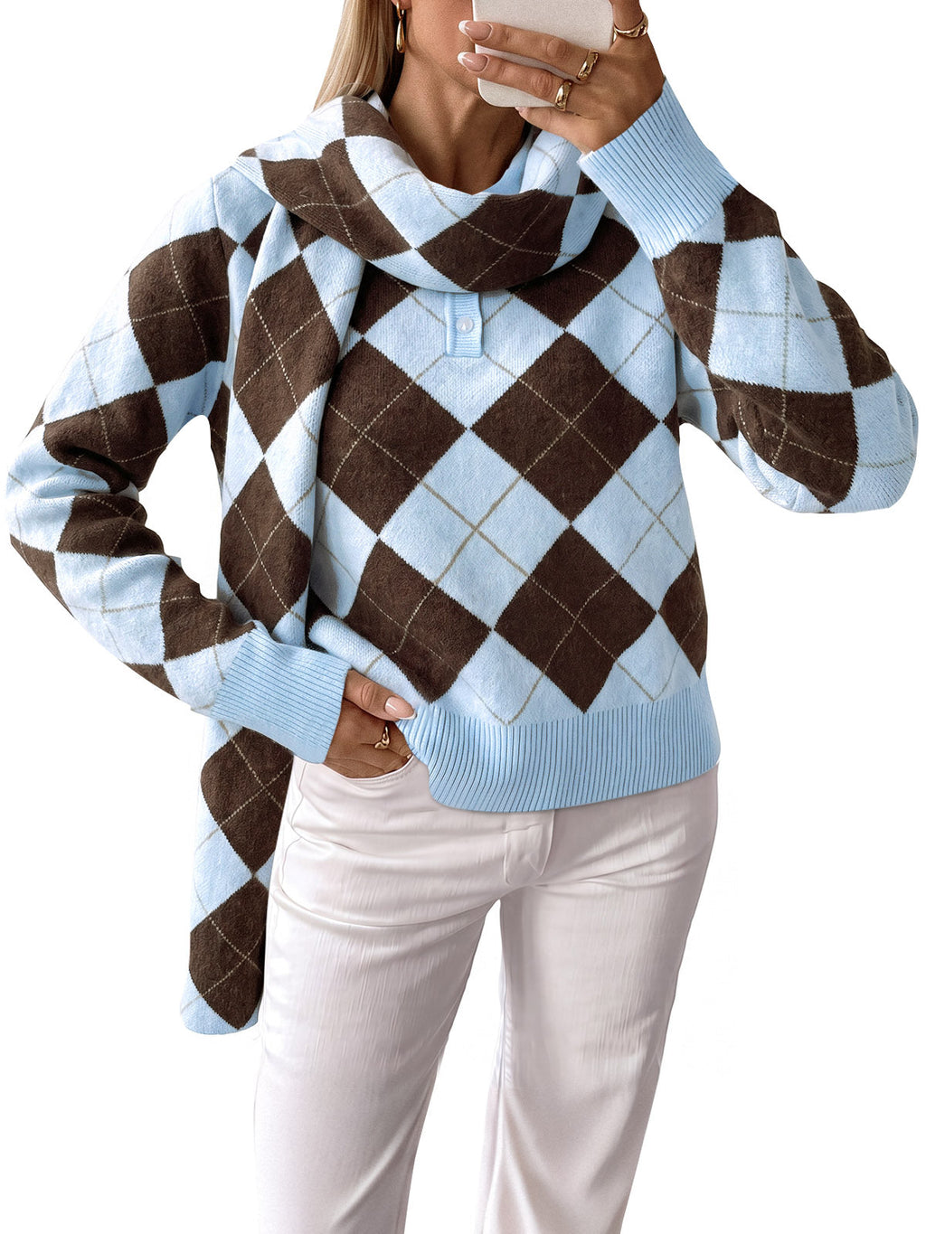 usvara Womens Argyle Color Block Polo Sweater