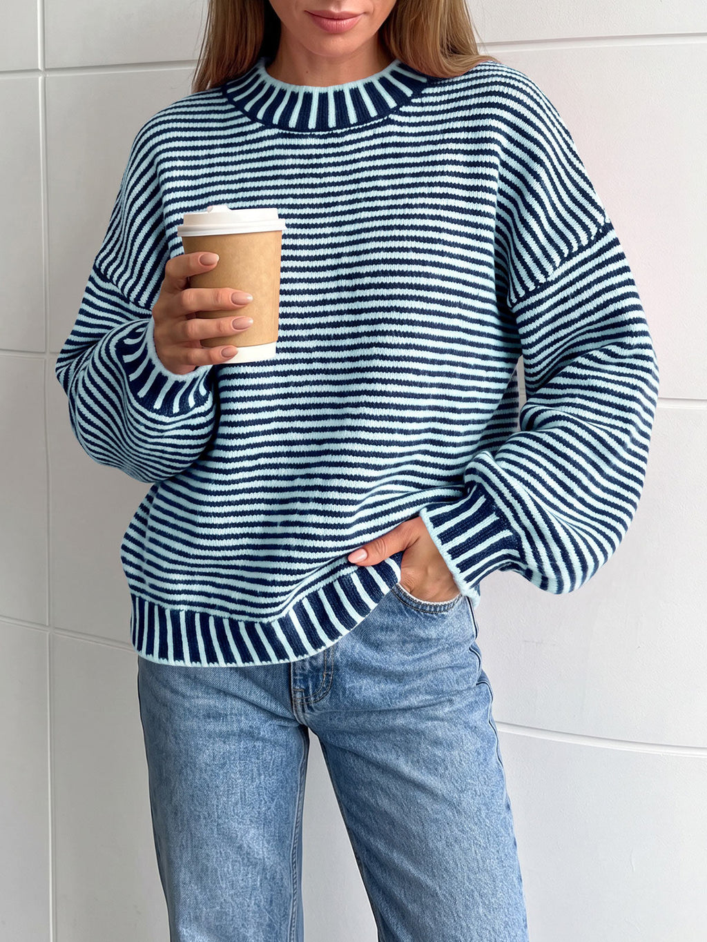 usvara Womens Striped Crew Neck Knit Sweater