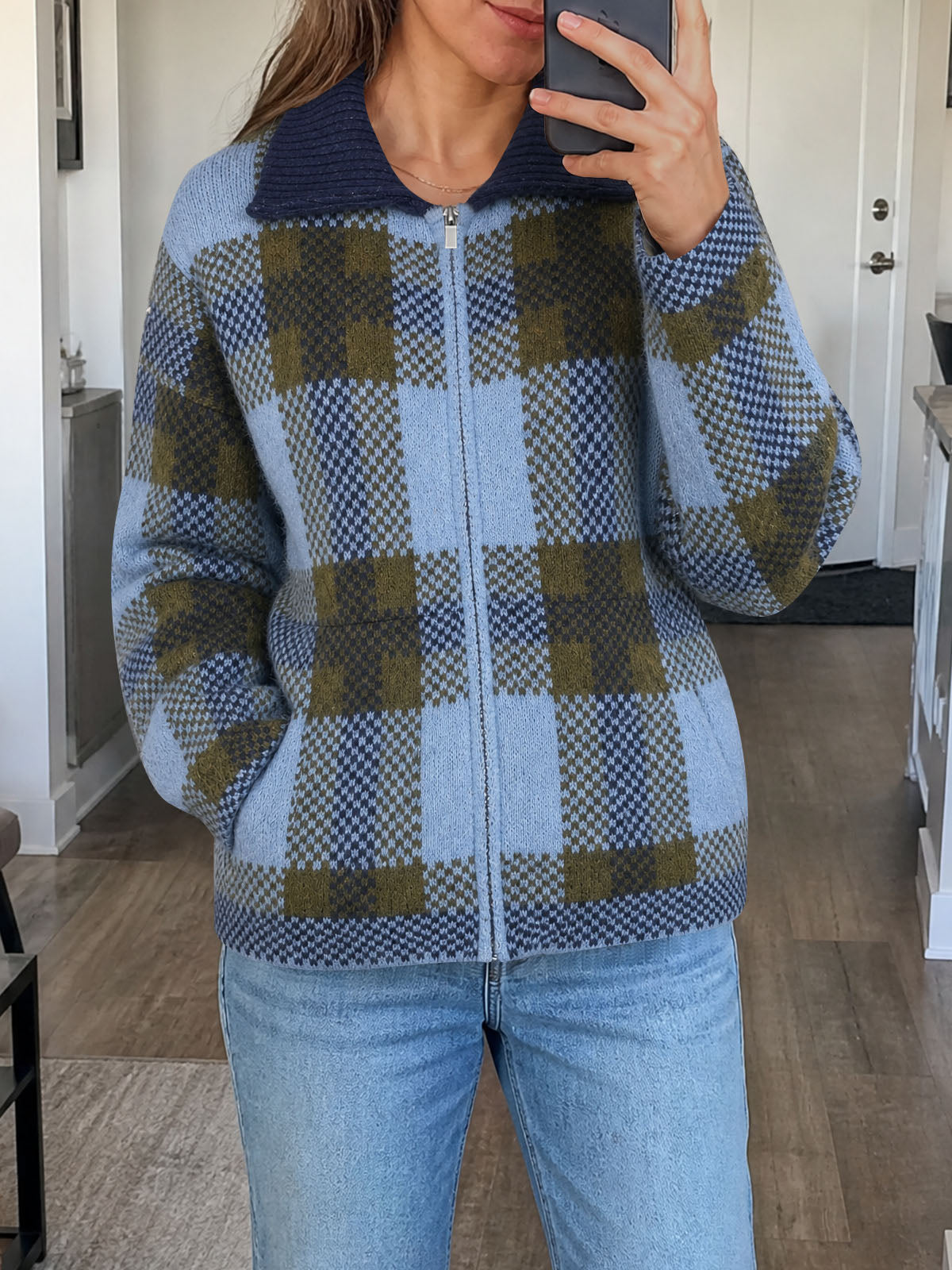 usvara Womens Plaid Color Block Zip Cardigan