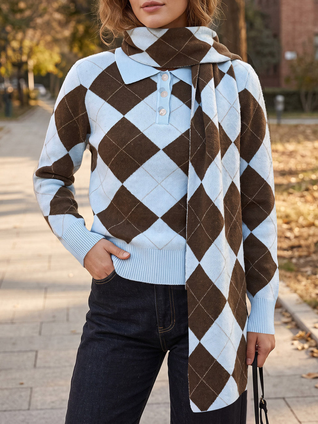 usvara Womens Argyle Color Block Polo Sweater