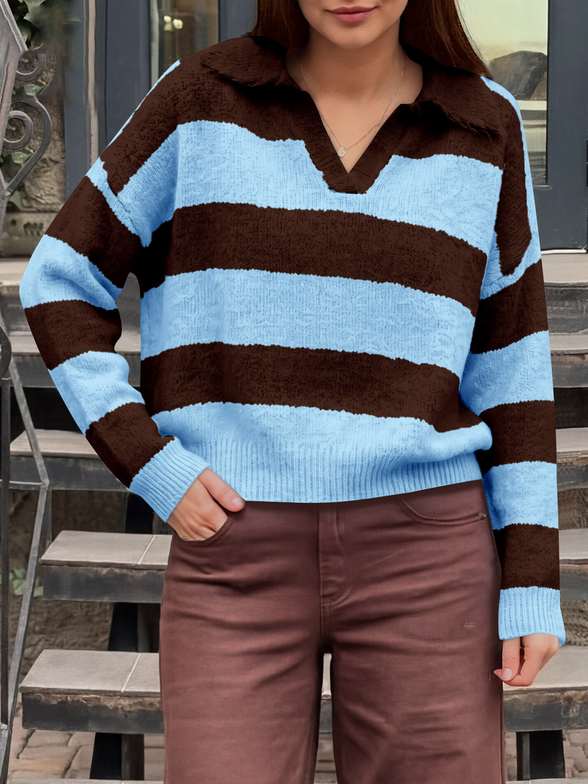 usvara Womens Striped Polo V Neck Sweaters