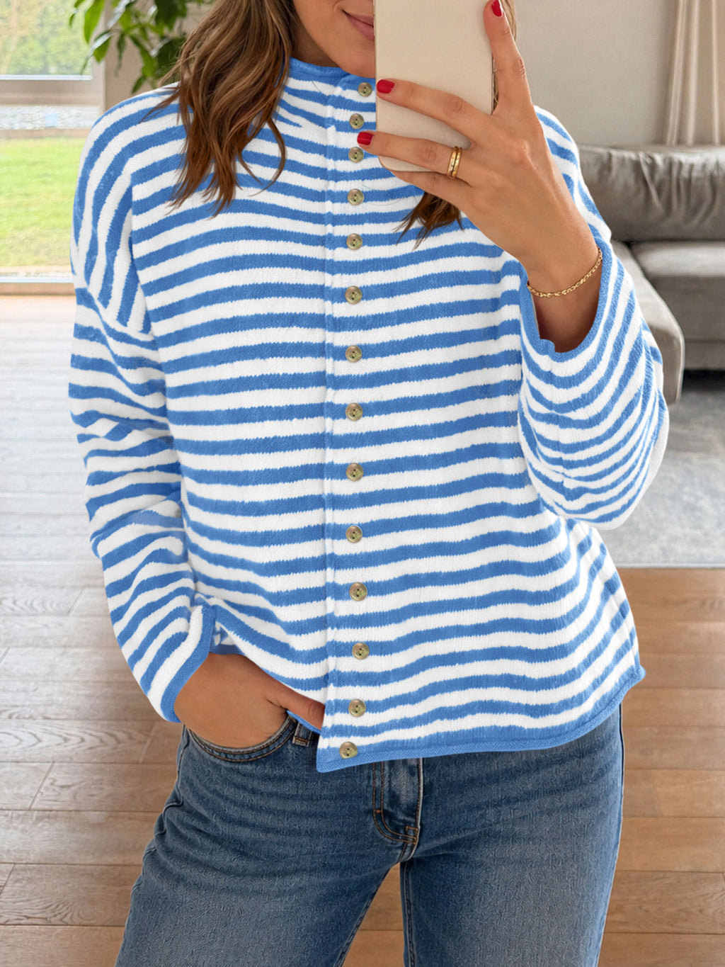 usvara Womens Striped Mock Neck Cardigan