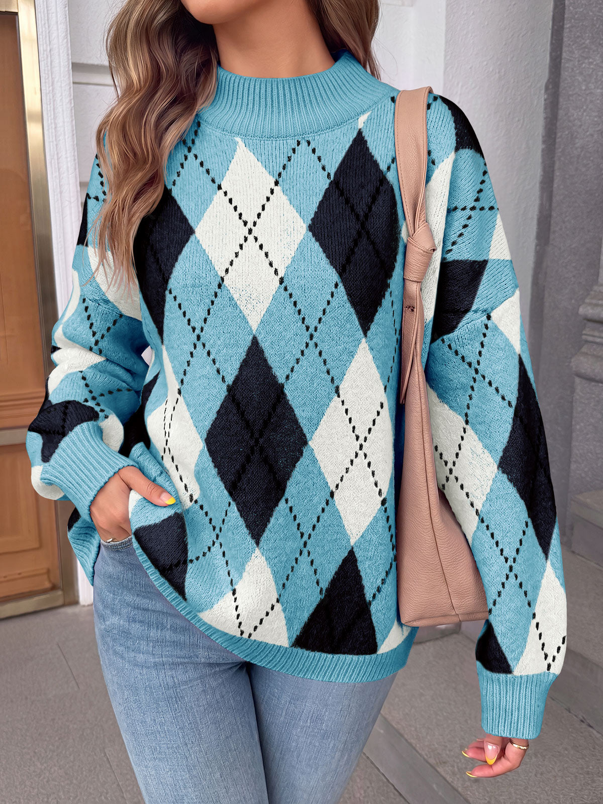usvara Womens Oversized Argyle Fall Winter Sweater