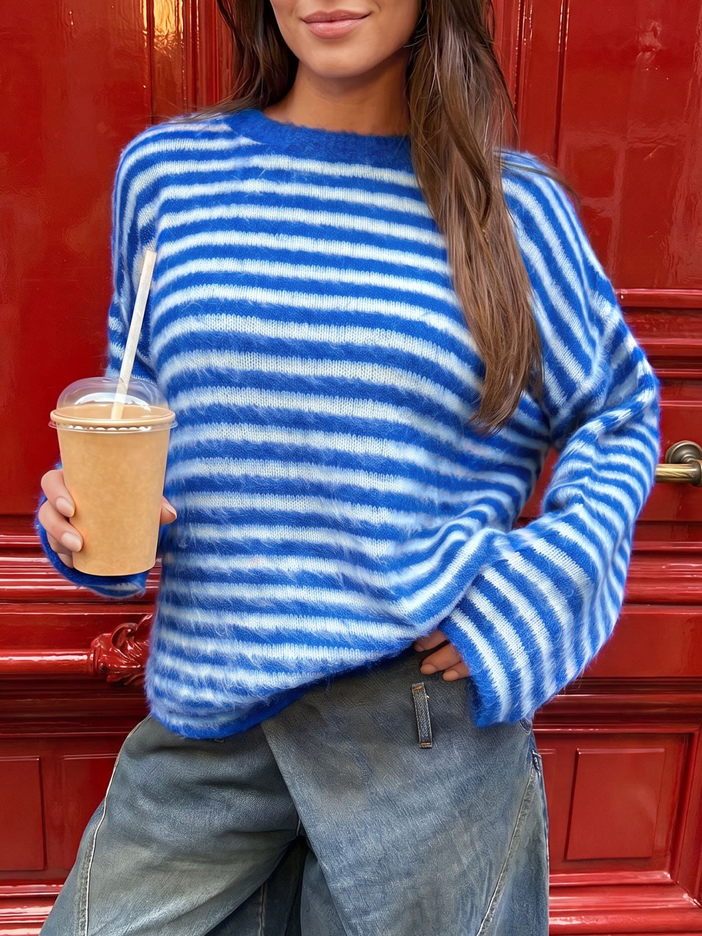 usvara Womens Fuzzy Crew Neck Striped Sweaters