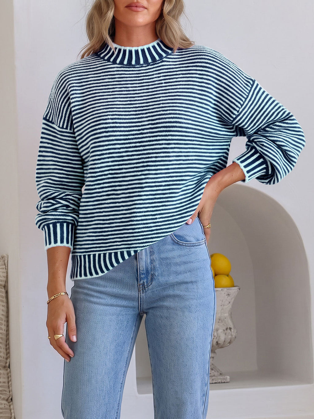 usvara Womens Striped Crew Neck Knit Sweater