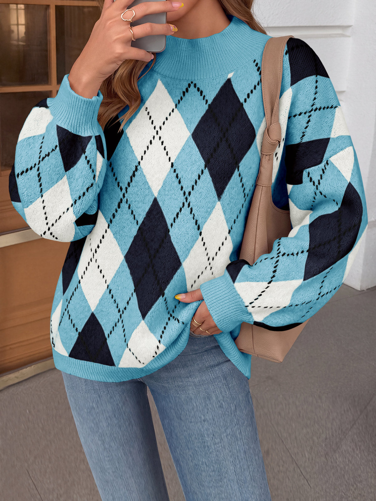 usvara Womens Oversized Argyle Fall Winter Sweater