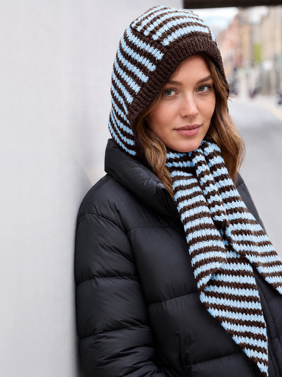 usvara Womens Striped Hooded Scarf Knit Hat