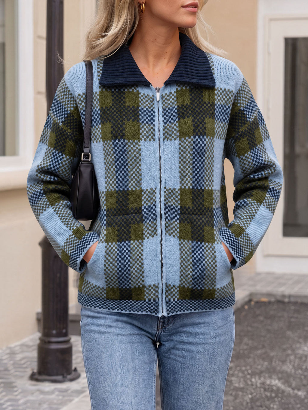 usvara Womens Plaid Color Block Zip Cardigan