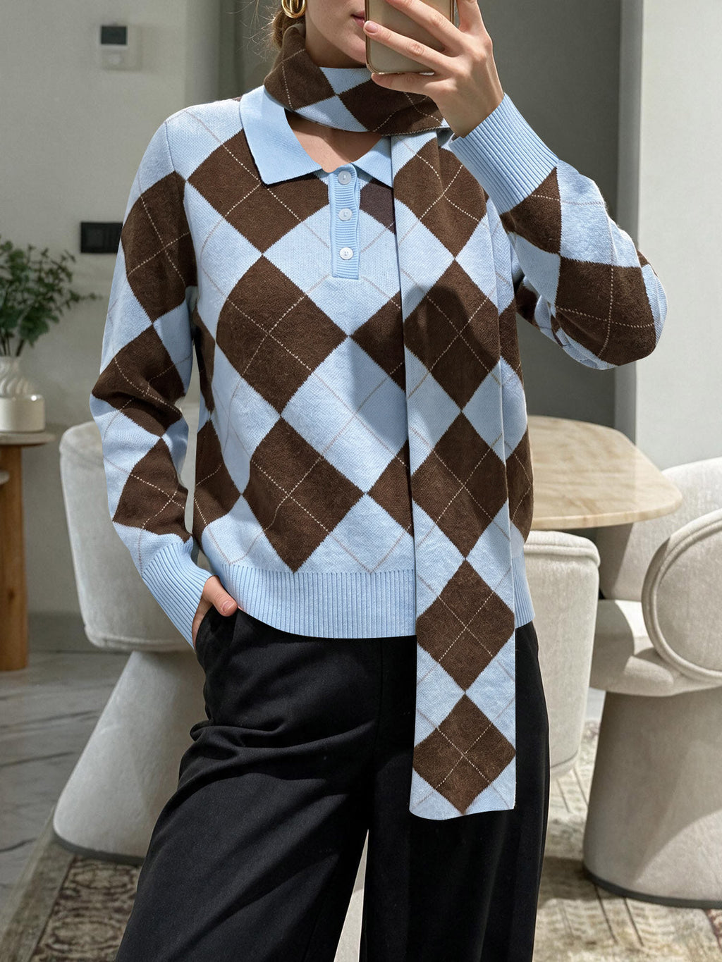 usvara Womens Argyle Color Block Polo Sweater