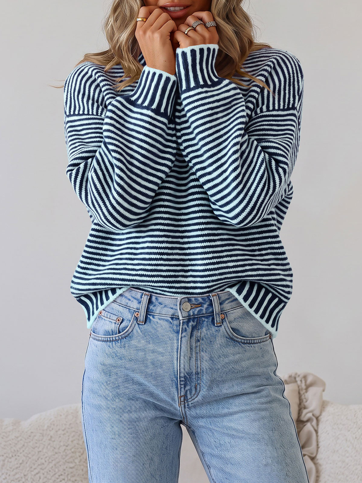 usvara Womens Striped Crew Neck Knit Sweater