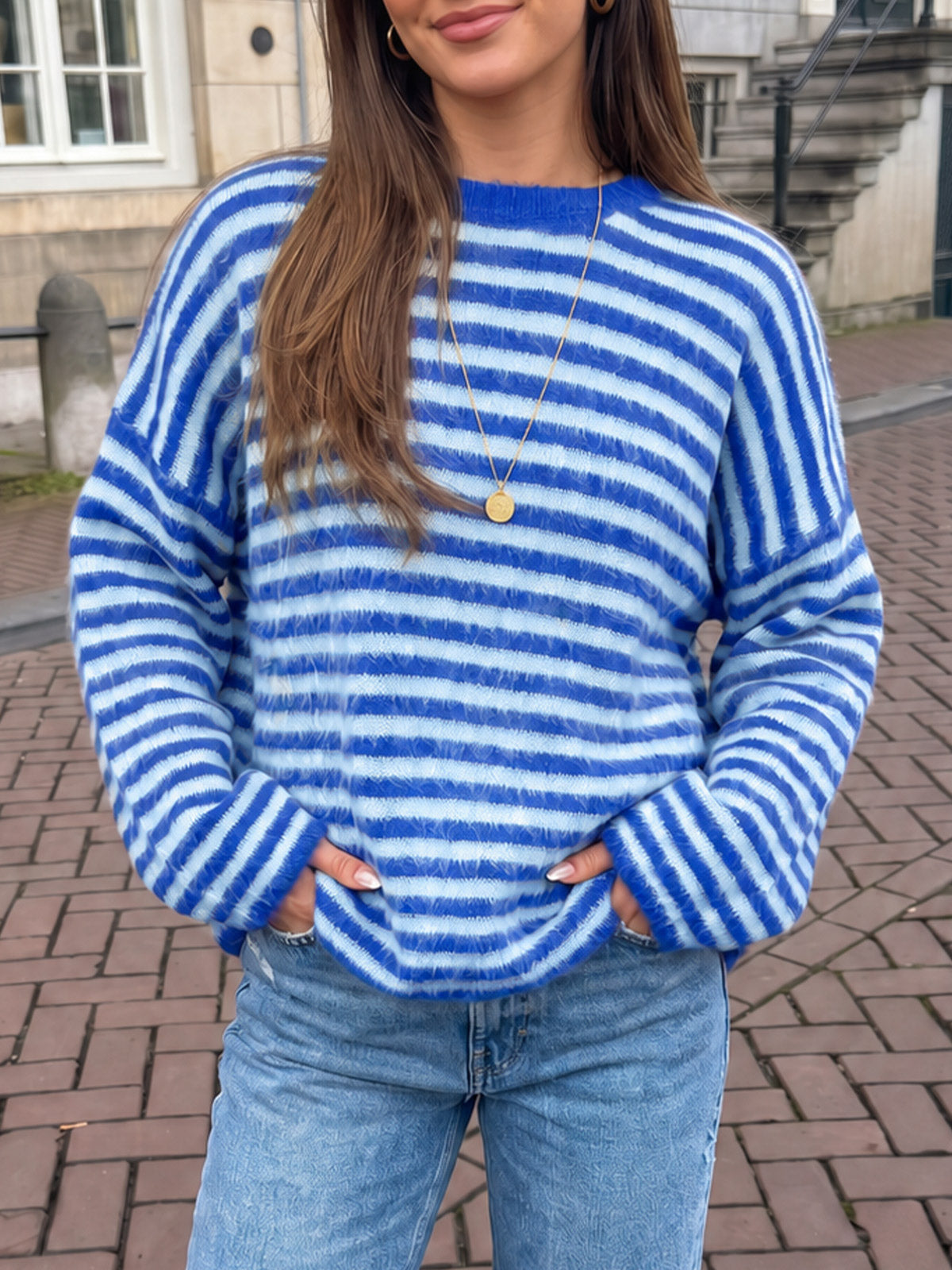 usvara Womens Fuzzy Crew Neck Striped Sweaters