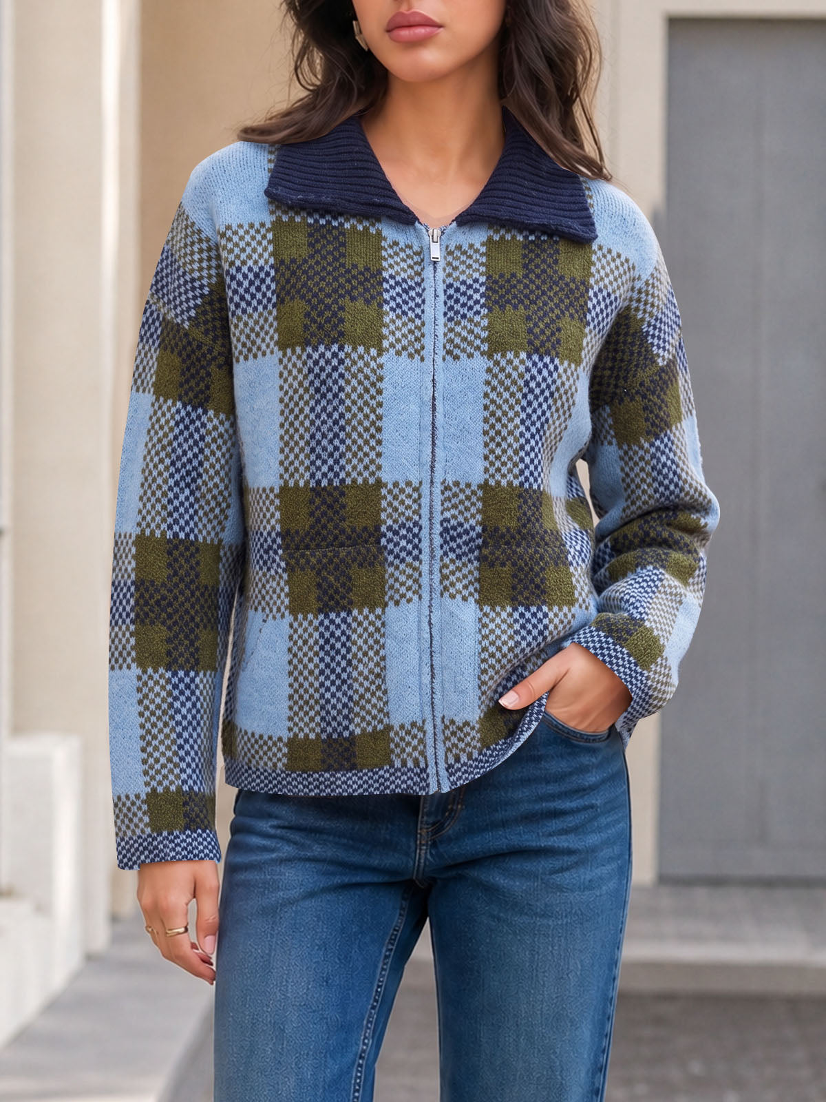 usvara Womens Plaid Color Block Zip Cardigan