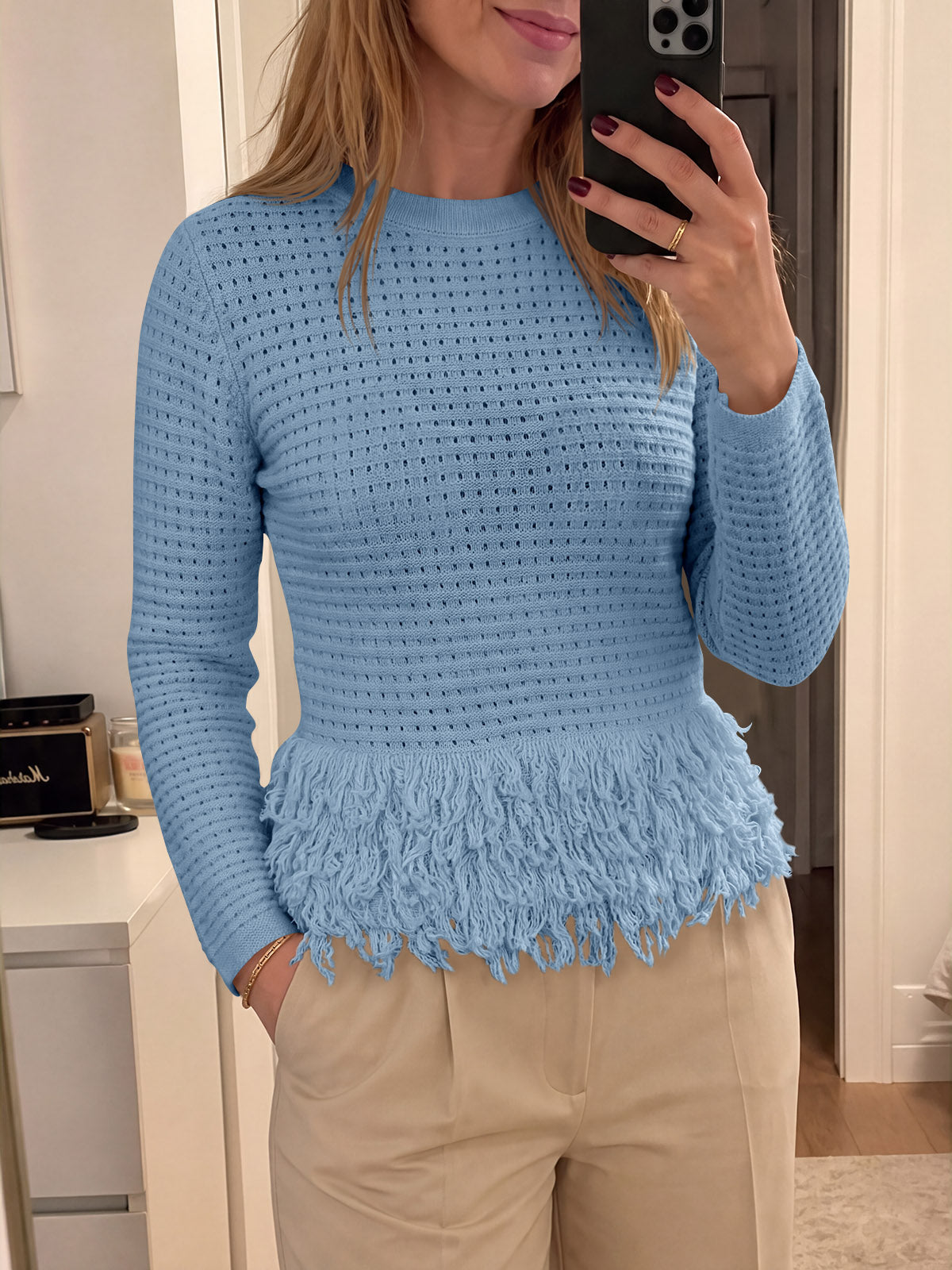 usvara Womens Crochet Fringe Crew Neck Sweater