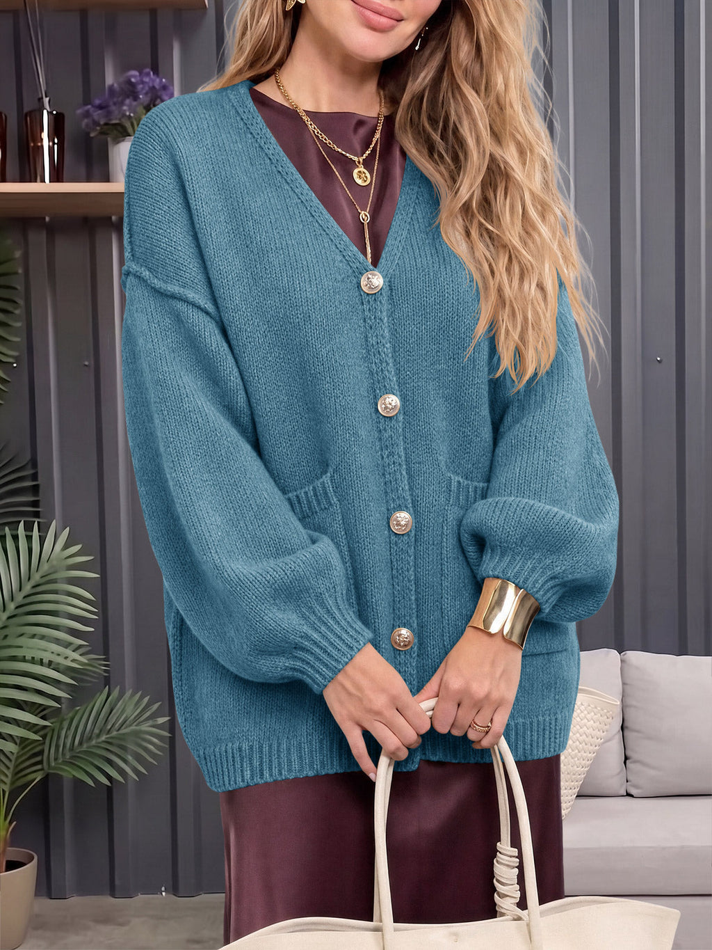 usvara Womens V Neck Loose Button Cardigan