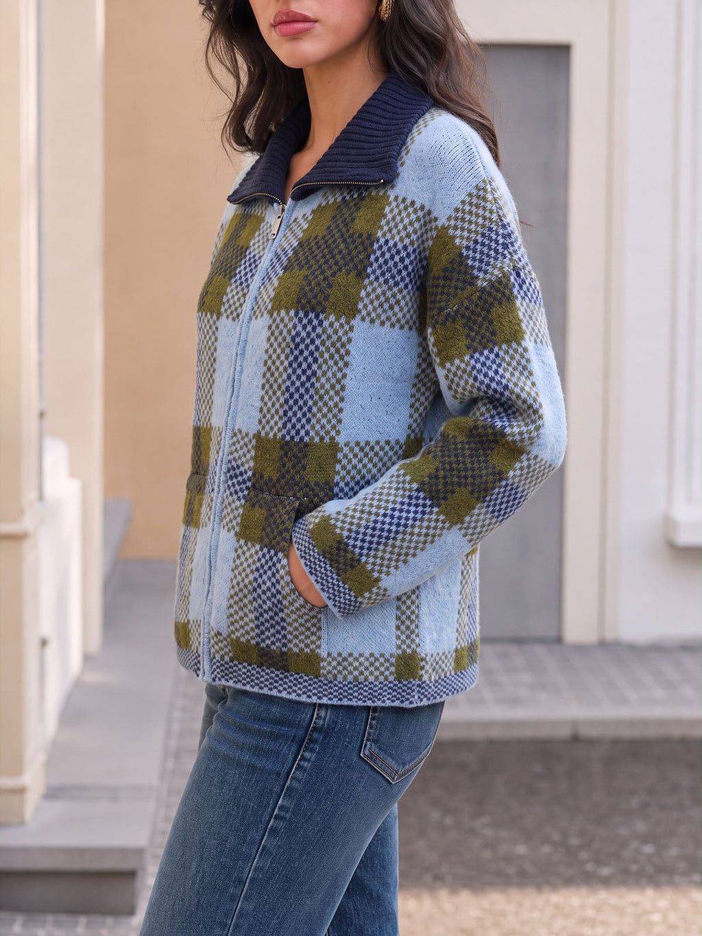 usvara Womens Plaid Color Block Zip Cardigan