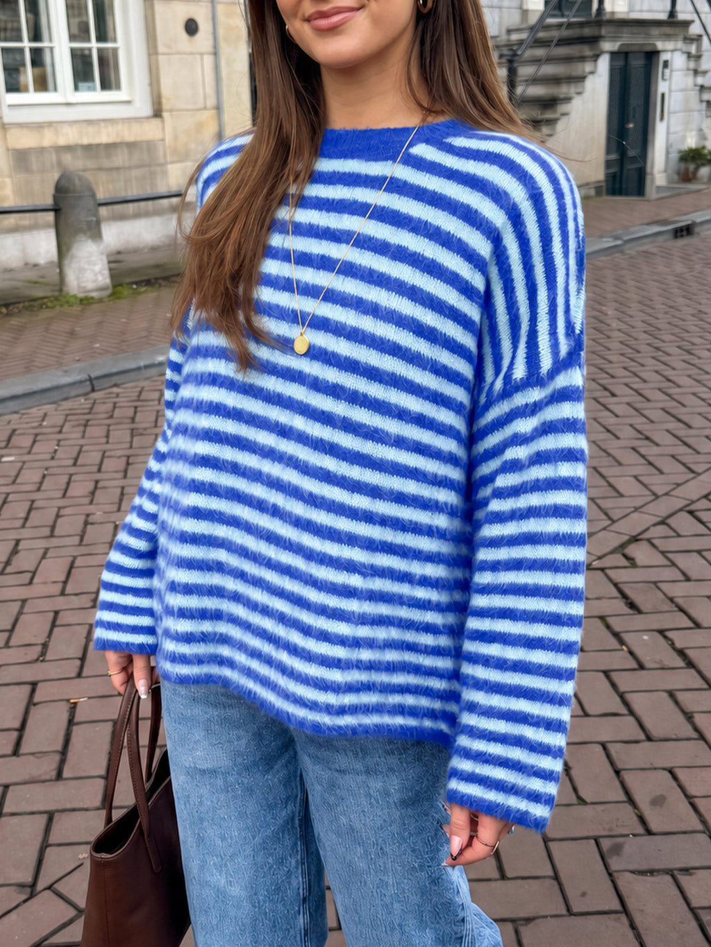 usvara Womens Fuzzy Crew Neck Striped Sweaters
