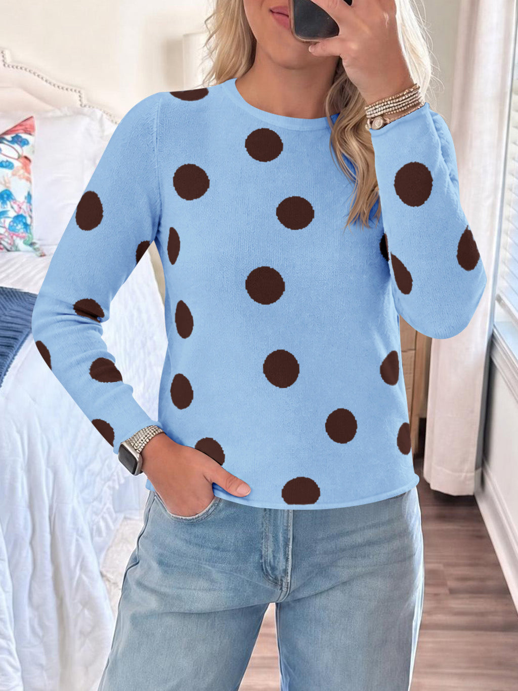 usvara Womens Polka Dot Long Sleeve Sweater