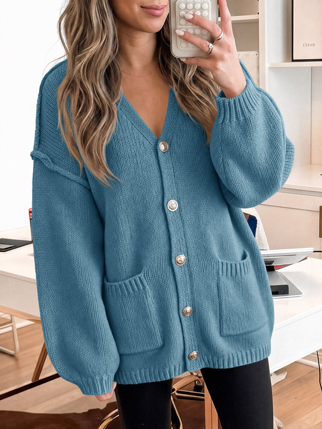 usvara Womens V Neck Loose Button Cardigan
