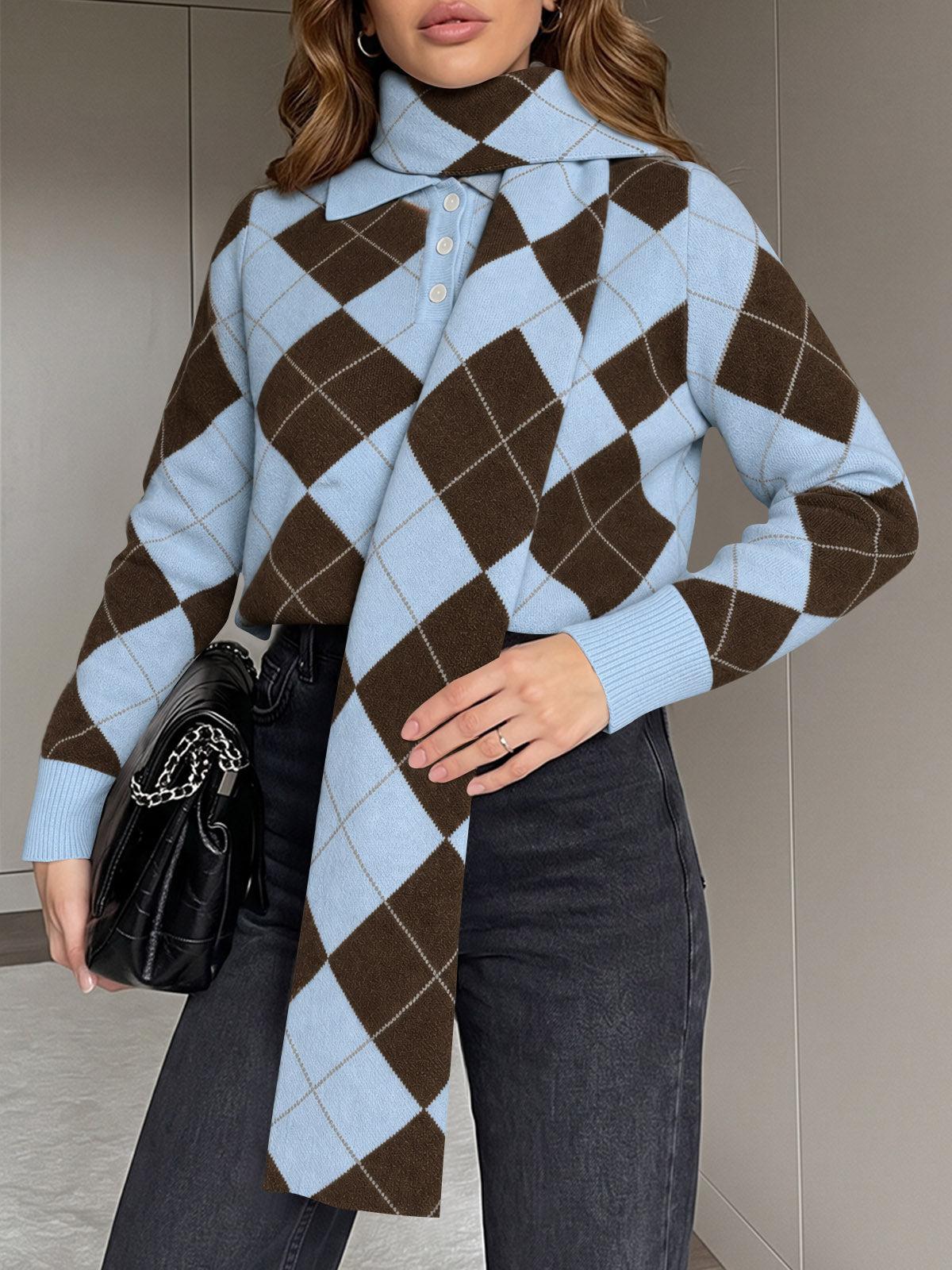 usvara Womens Argyle Color Block Polo Sweater