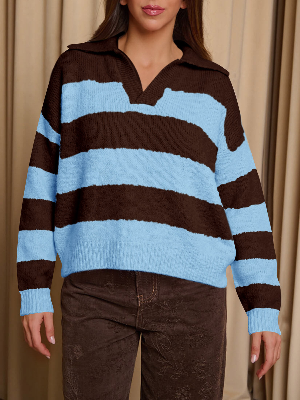 usvara Womens Striped Polo V Neck Sweaters