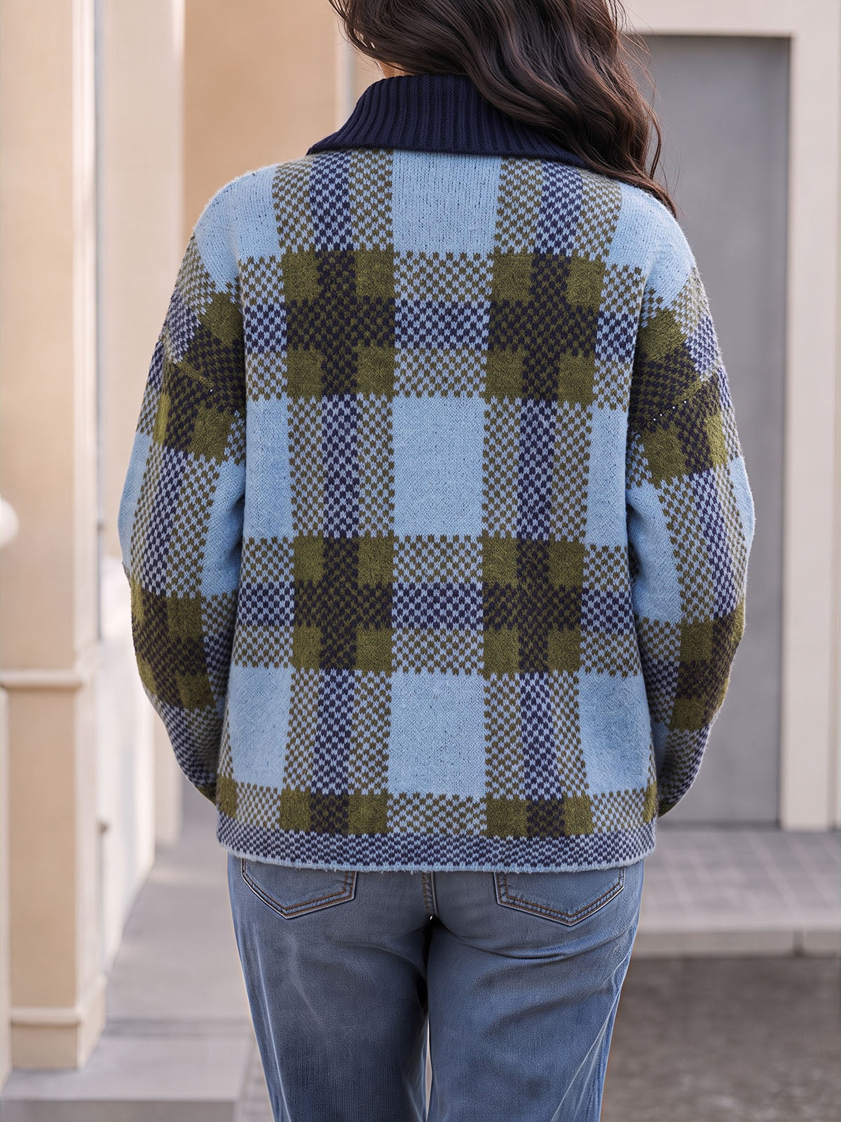 usvara Womens Plaid Color Block Zip Cardigan