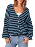 usvara Women Striped V-Neck Knit Cardigan Sweater
