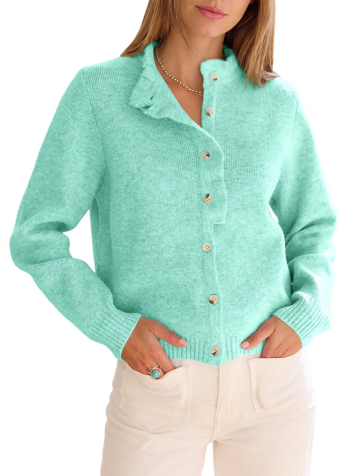 usvara Women Ruffle Mock Neck Knit Cardigan