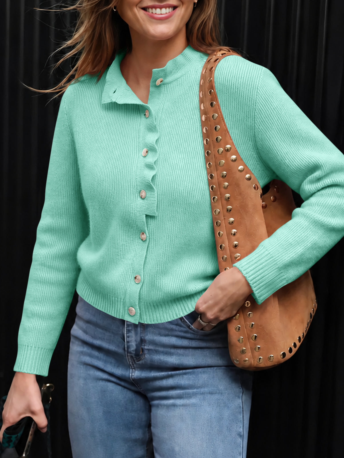 usvara Women Ruffle Mock Neck Knit Cardigan
