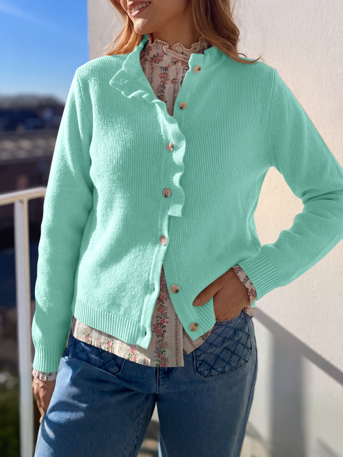 usvara Women Ruffle Mock Neck Knit Cardigan