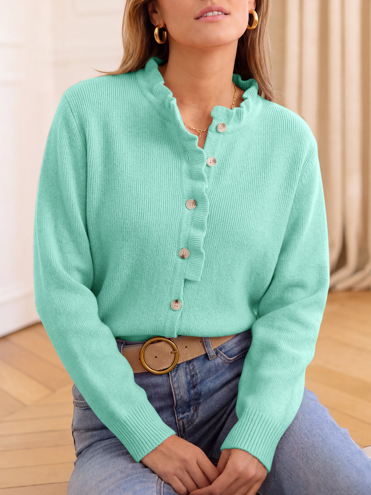 usvara Women Ruffle Mock Neck Knit Cardigan