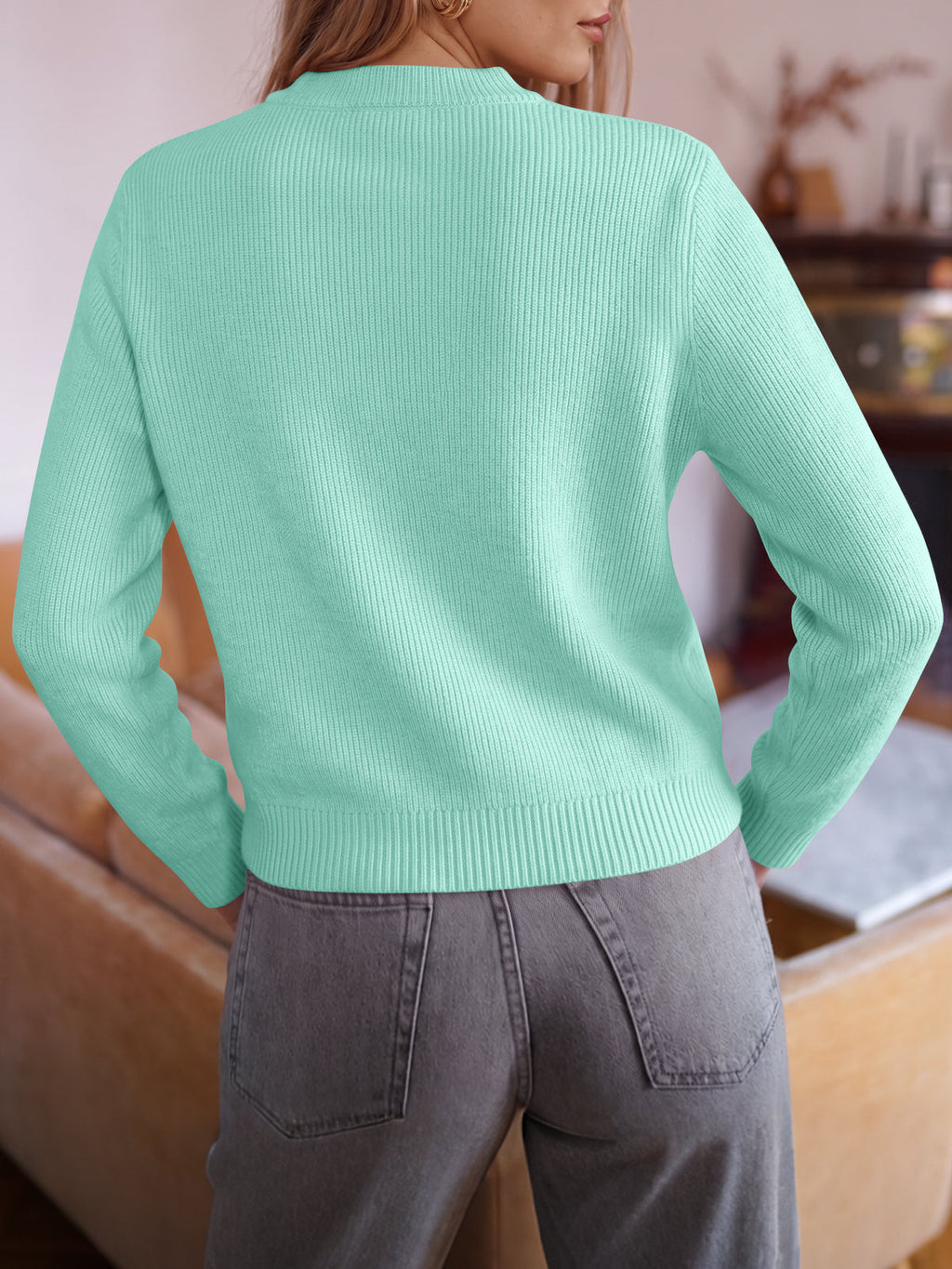 usvara Women Ruffle Mock Neck Knit Cardigan
