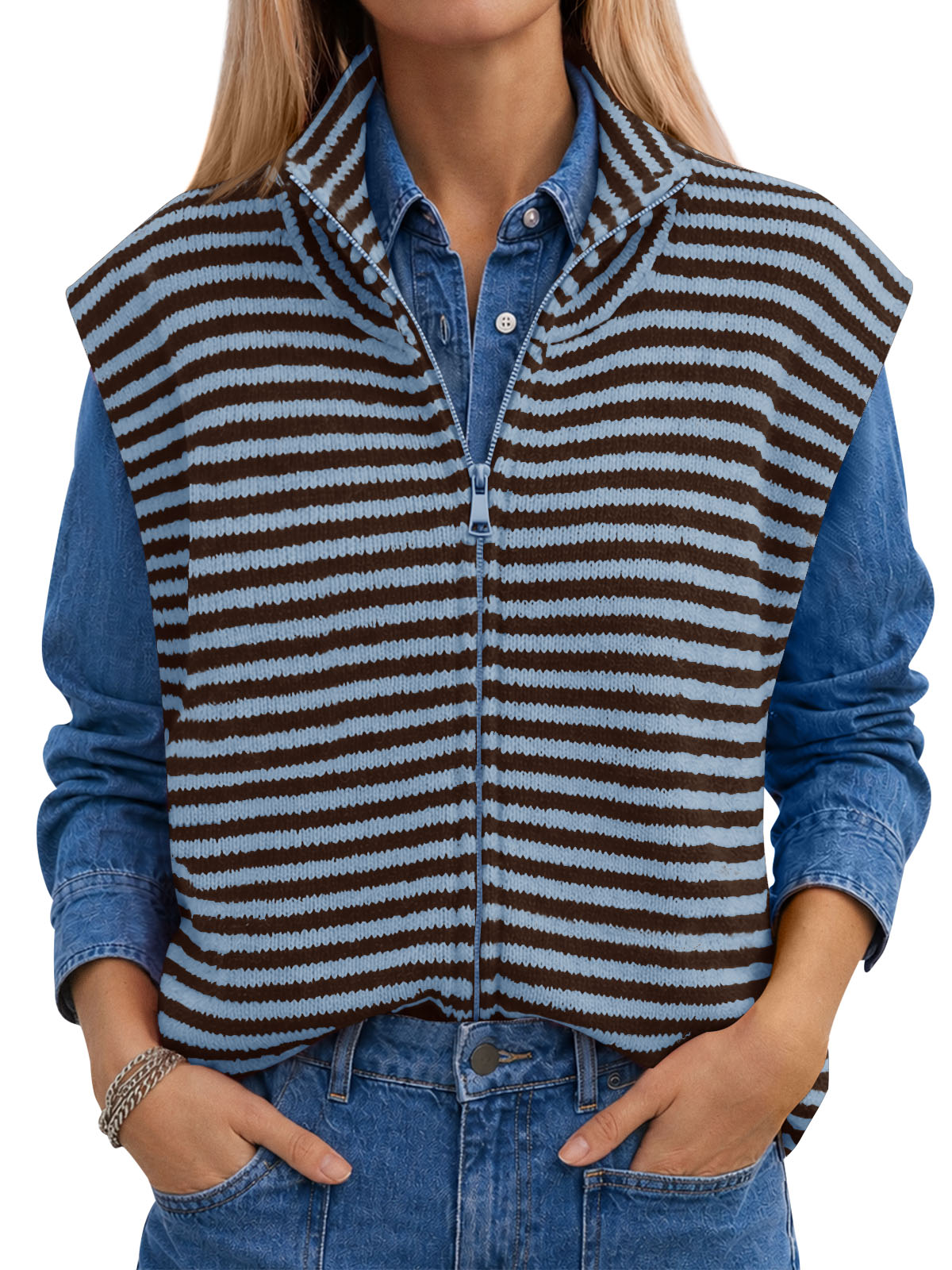 usvara Women Striped Zip Up Knit Cardigan