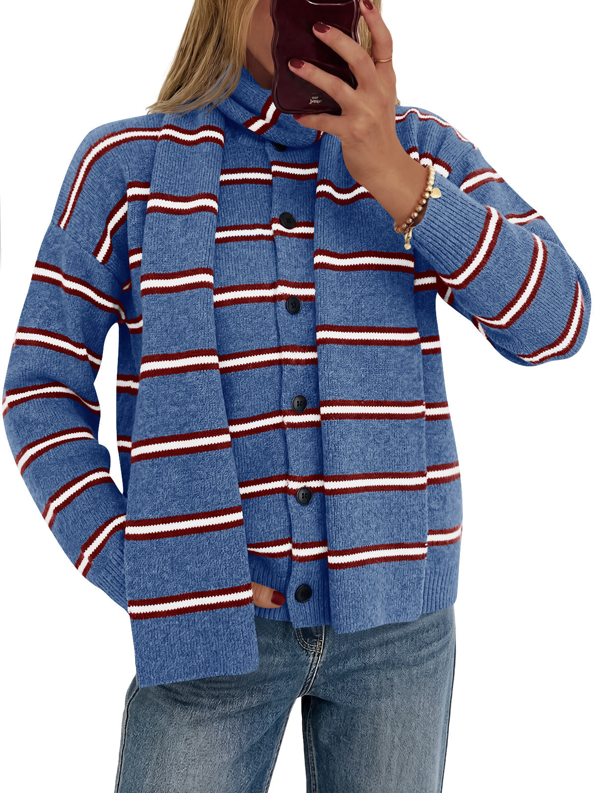 usvara Striped Knit Button Cardigan