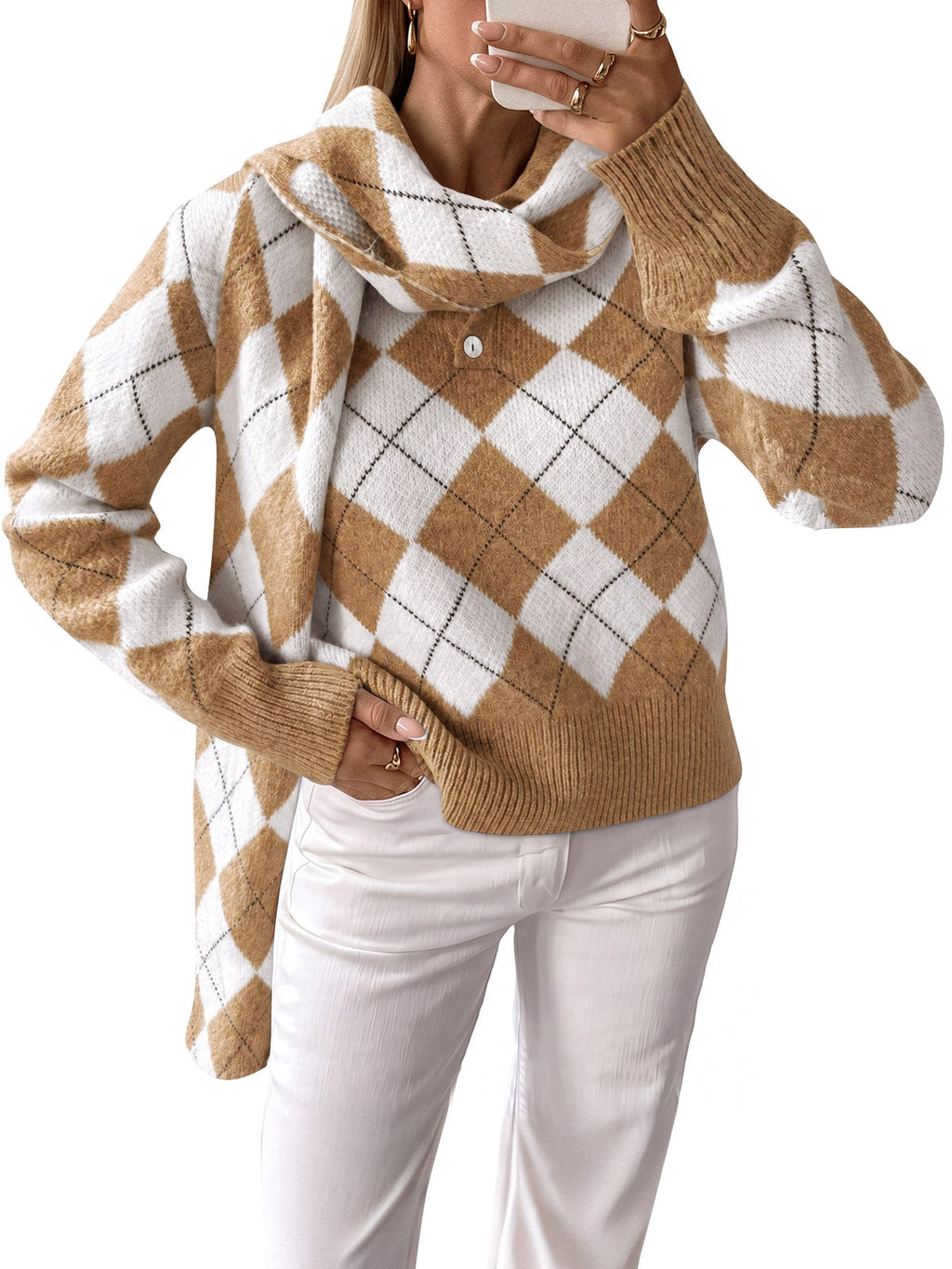 usvara Womens Argyle Color Block Polo Sweater