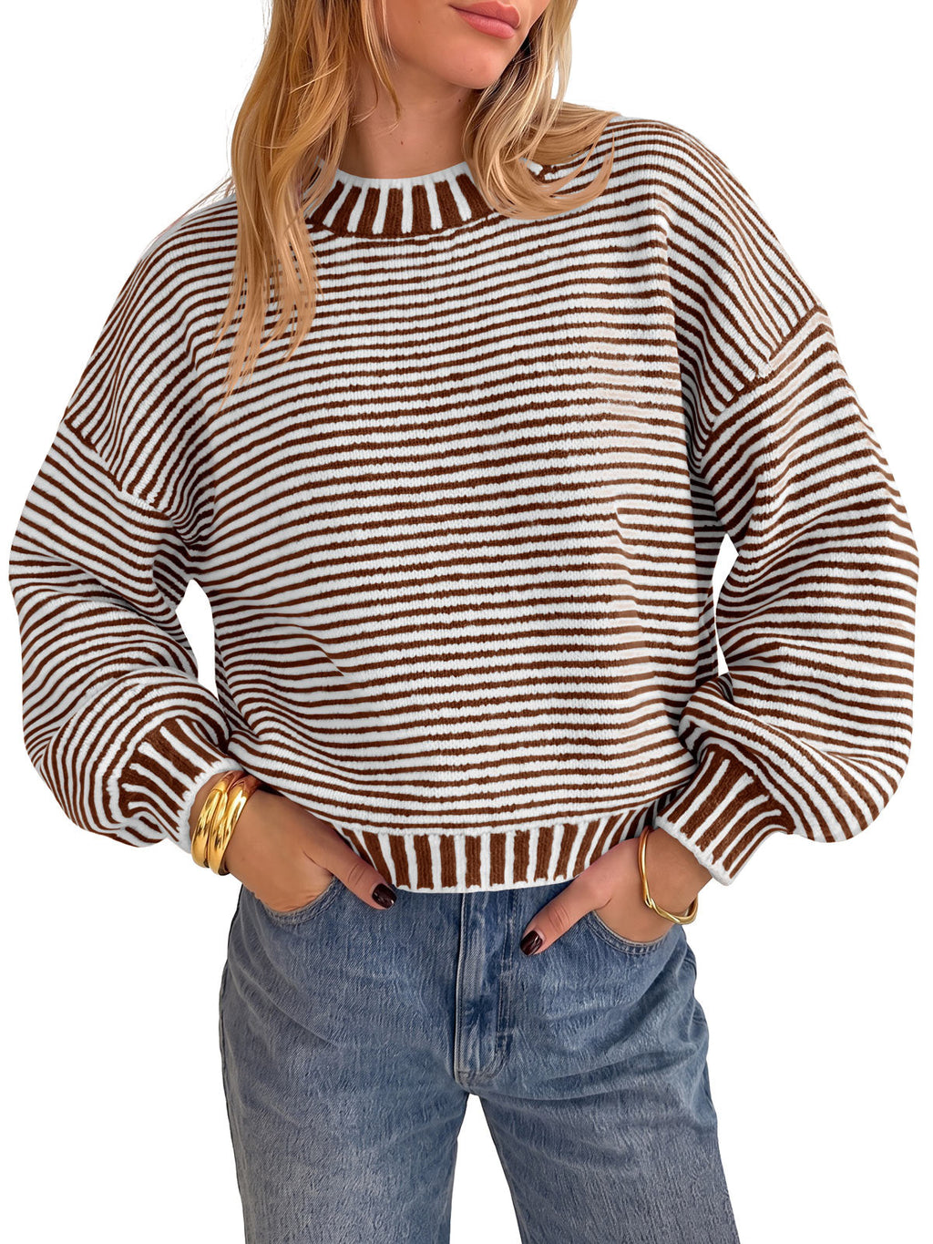 usvara Womens Striped Crew Neck Knit Sweater