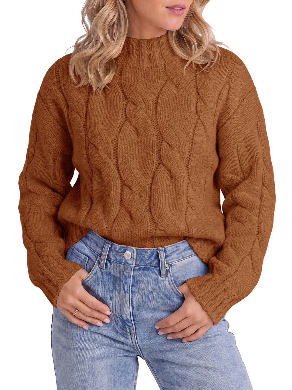 usvara Womens Mock Neck Cable Knit Sweater