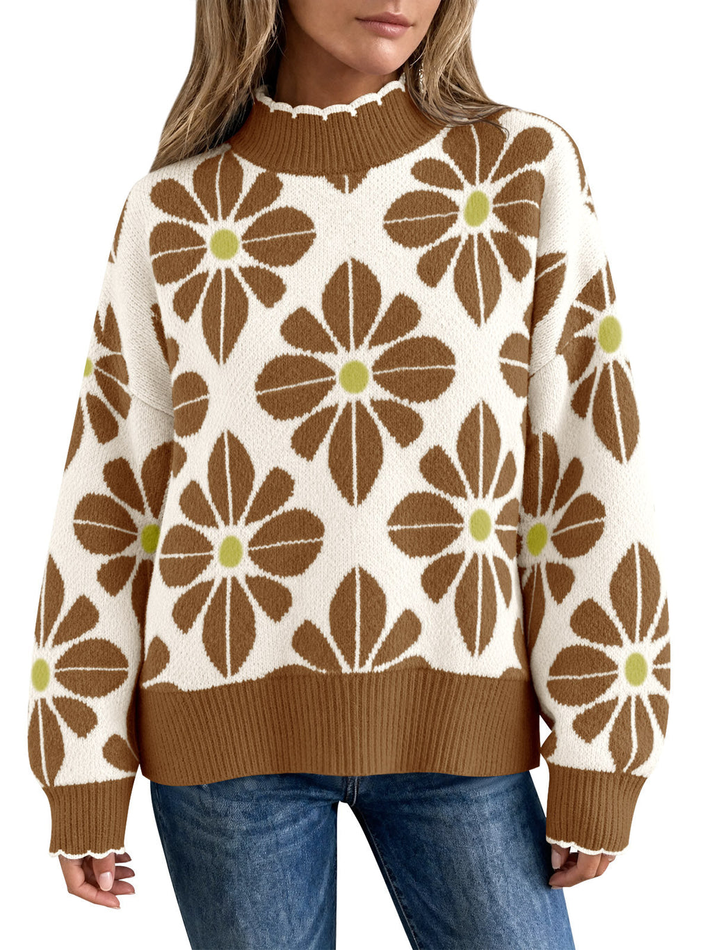 usvara Womens Mock Neck Floral Knit Sweater